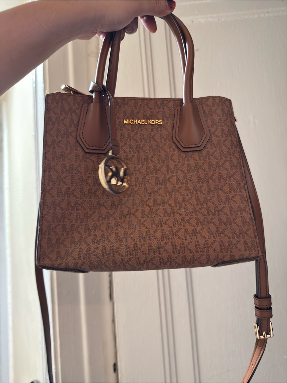 Michael Kors Brown Logo Monogram Satchel with Gold Accent